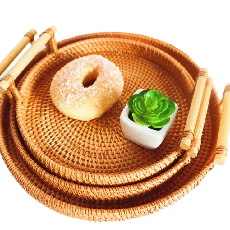 

Natural Handwoven Rattan Wicker Tray Platter With Handles Dinner Coffee Bread Fruits Basket Storage Rattan Serving Tray