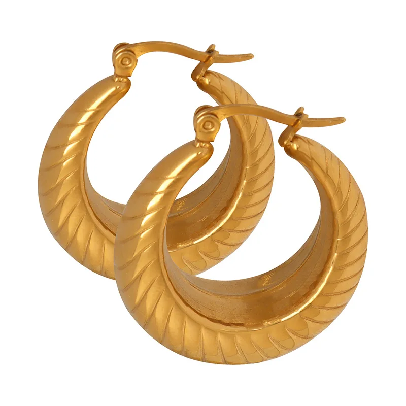 

Exaggerate Hypoallergenic Jewelry Hollow Stainless Steel 18K Gold Plated Screw Texture Croissant Chunky Hoop Earrings YF3432