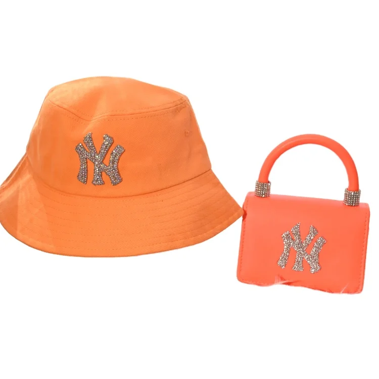

High Quality Wholesale NY Purses and Hats Women Handbags Bling Rhinestone New York NY Bucket Hat and Purse Set, Multi color