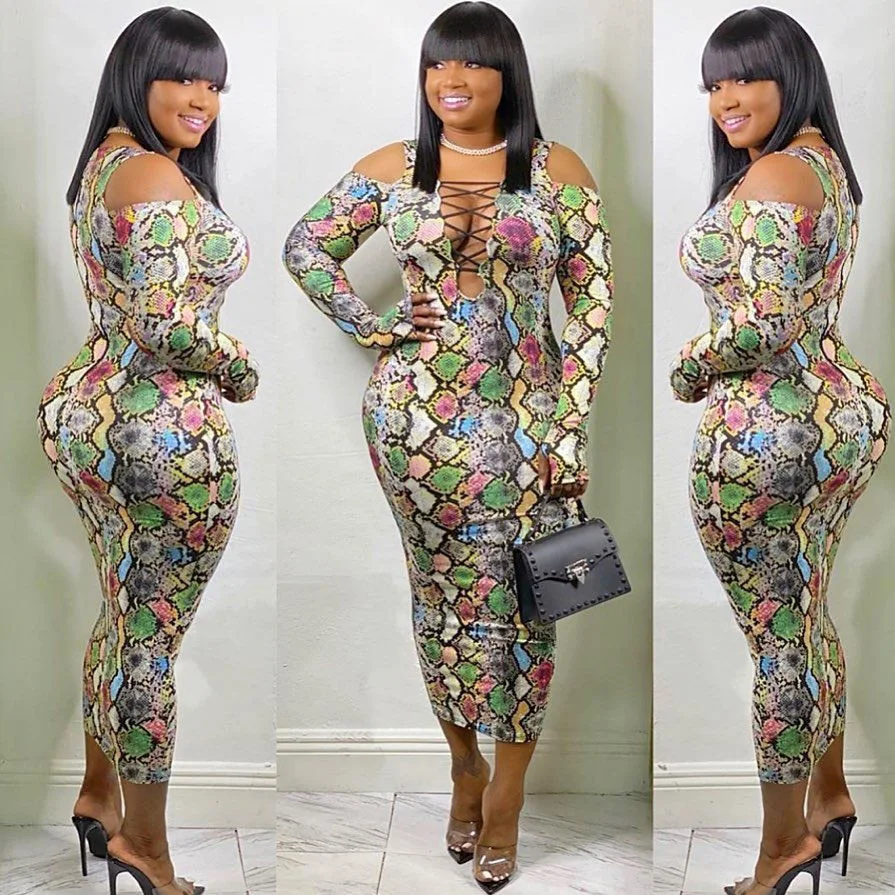 

Sexy snake print off shoulder dress plus size women fall clothing