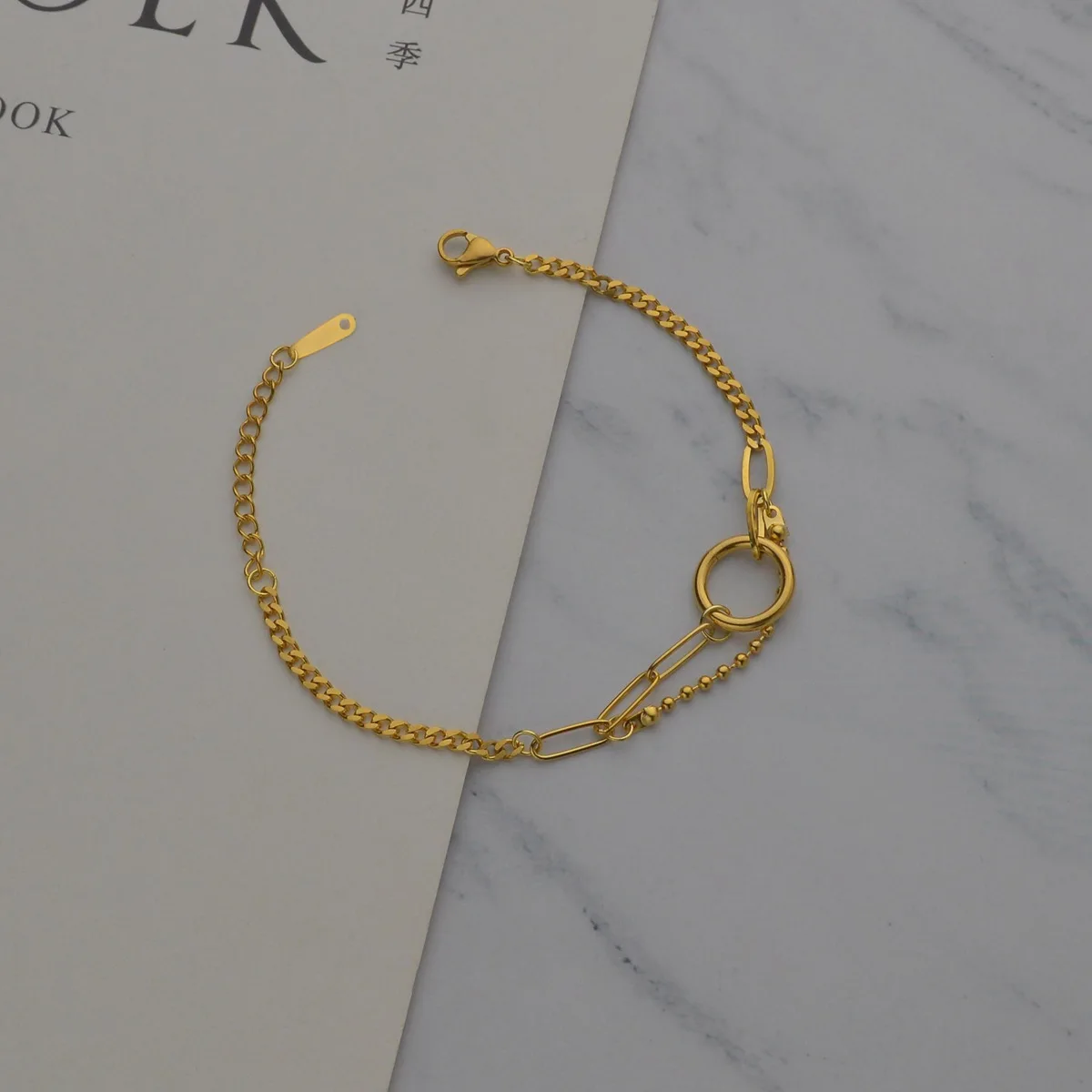 

Women Double Layered Stainless Steel Link Chain Bracelet Simple 18K Gold Plated Round Circle Ring Bracelet, As picture