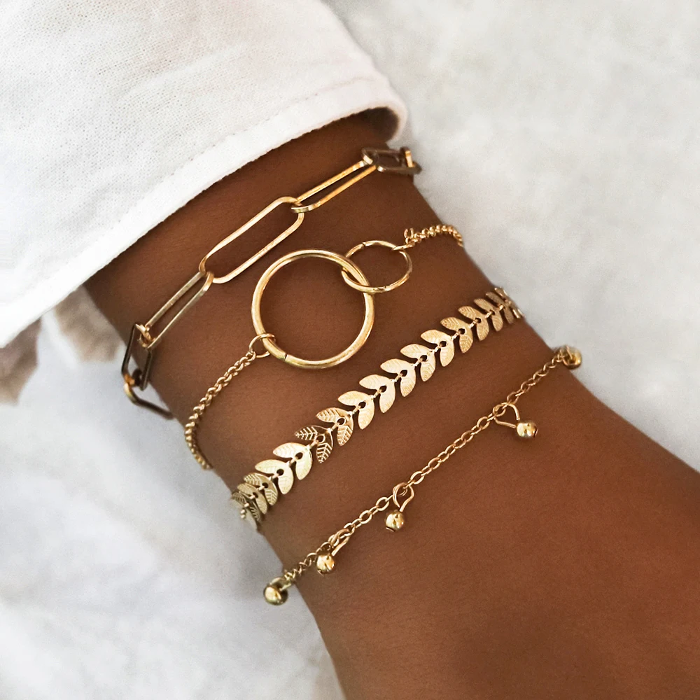 

SinDlan 4Pcs/Set Fashion Jewelry Double Circle LeafJewelry Gold Plated Charm Bracelet for Women, Picture