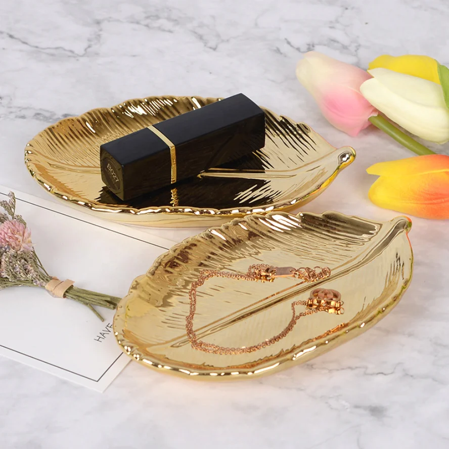

Nordic Ins style Ceramic banana leaf plate home decor storage plate jewelry Tray porcelain dessert plate, Gold