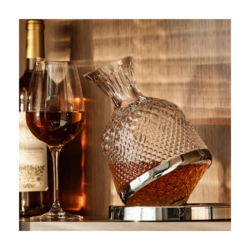 

High-end Exquisite Rotary Glass Crystal Wine Decanter Metal Pedestal Transparent Clear Wine Decanter Set