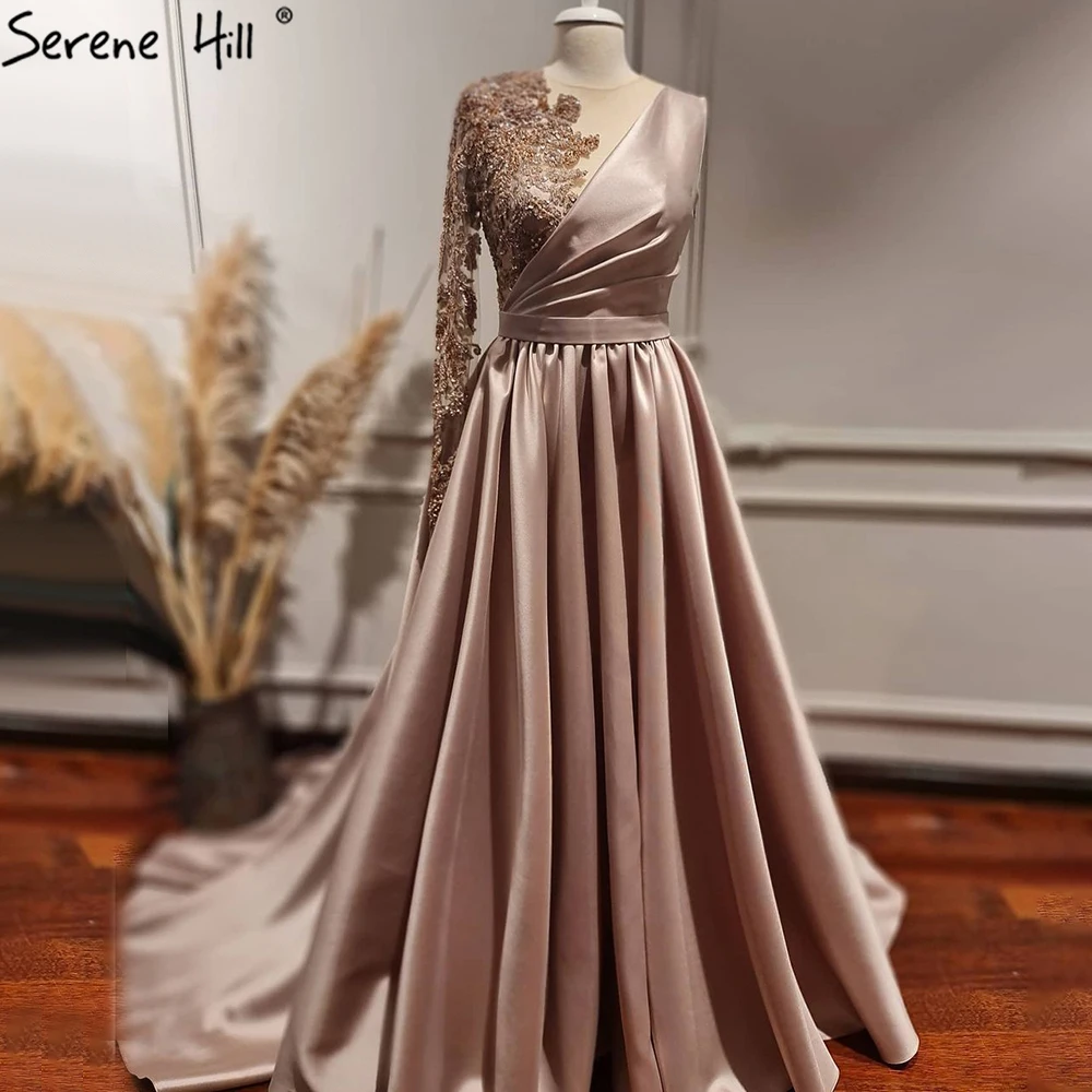 

Pink High Neck A Line Satin Muslim Evening Dresses 2021 Serene Hill LA71033 Beaded Formal Party Long Gowns For Women