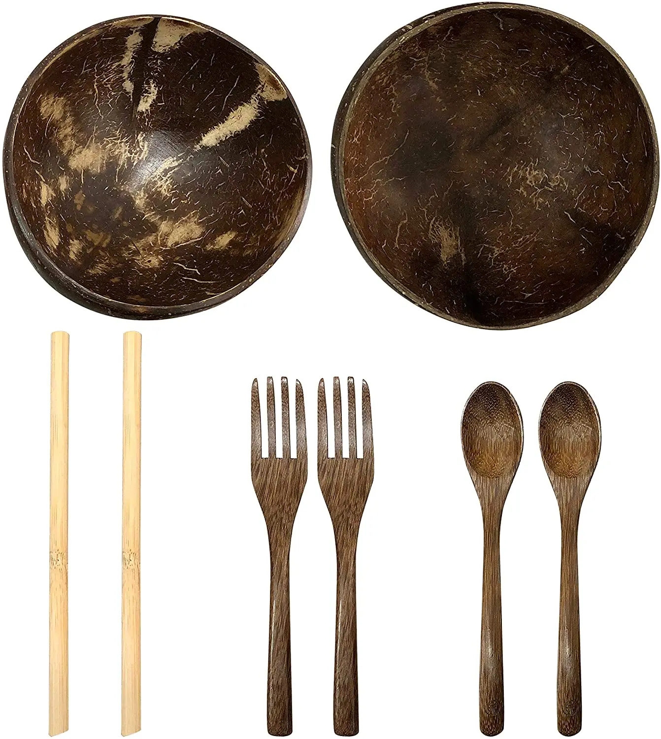 

set of 8 pcs 2Polished Coconut Bowls Wenge Wood Spoons-Forks-Bamboo Straws Organic Eco-Friendly Vegan Natural cocobowl set