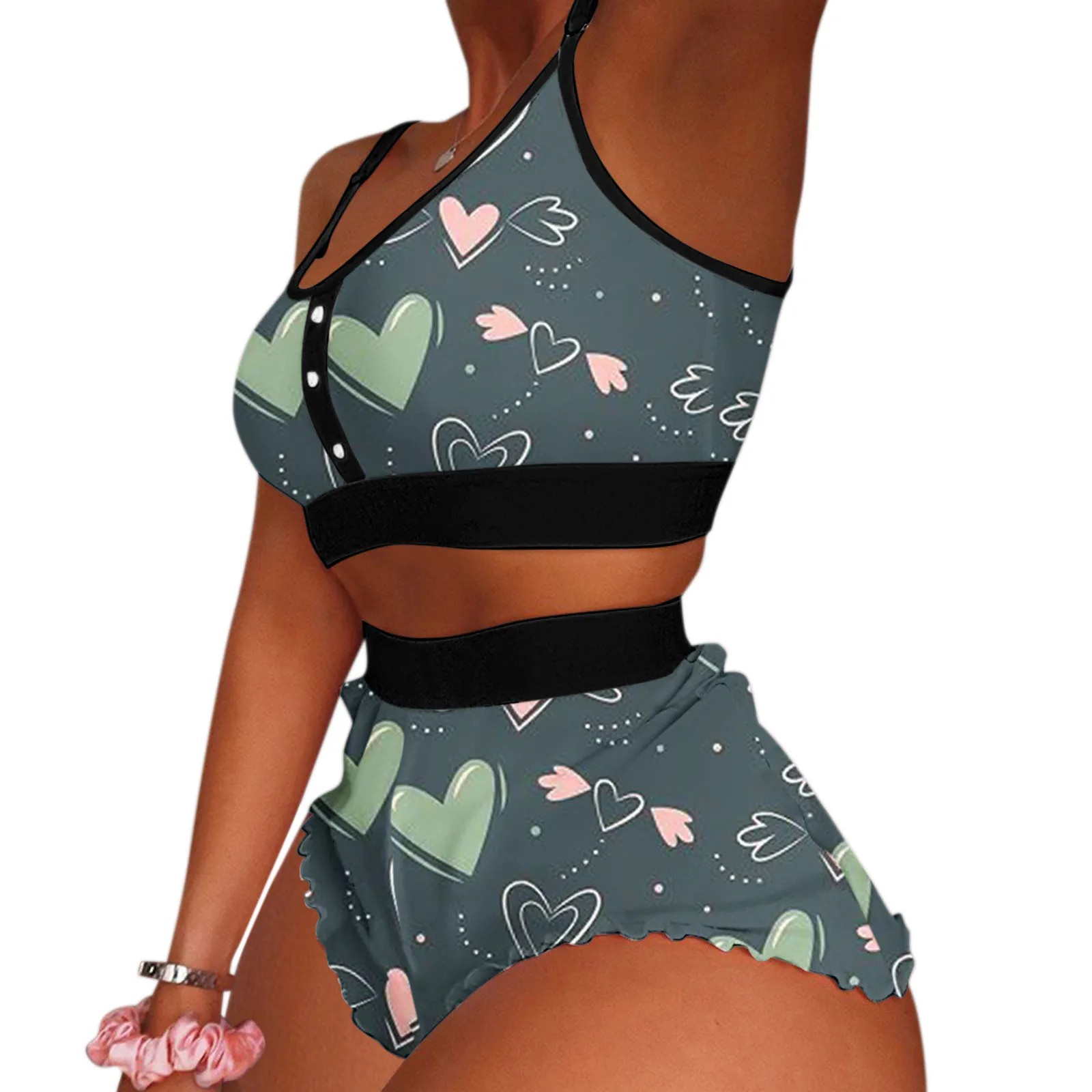 

2022 Valentines Day Heart Short Two 2 Piece Adult Pajama Set Women Night Sexy Sleepwear