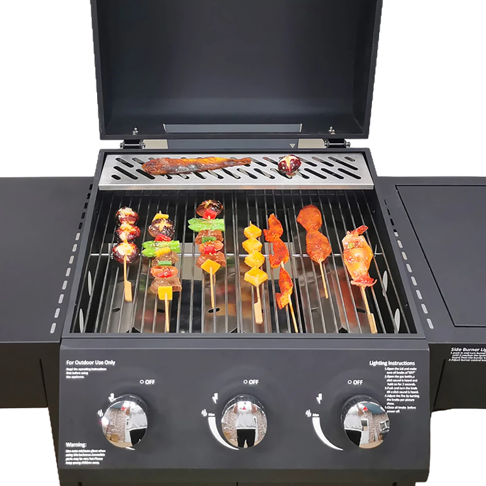 Portable Stainless Steel 3+1 Gas Grill Premium Propane BBQ for Garden Kitchen Trolley Design Sitter Room Monitoring for Food