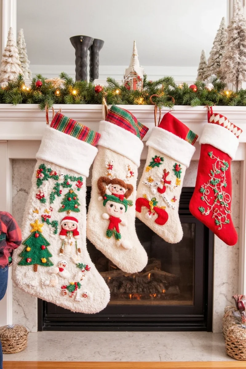 Christmas stockings hung from a mantel cornice