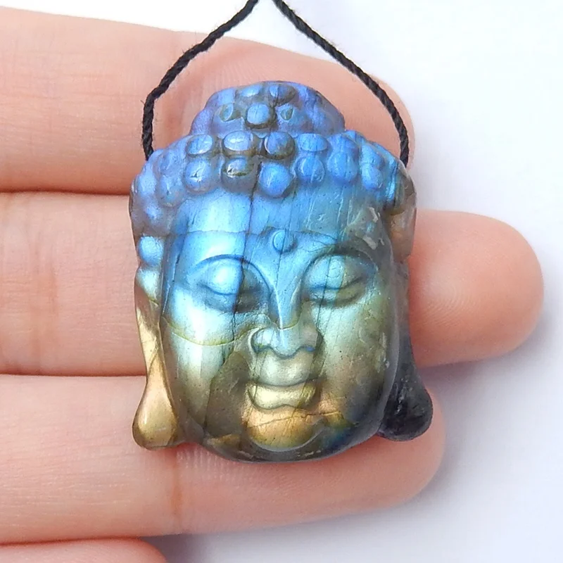 

Labradorite Beads Carved Buddha Head Precious Stone Carving Flashing Blue Color Buddha Pendants 25x31x12mm 13g, Natural