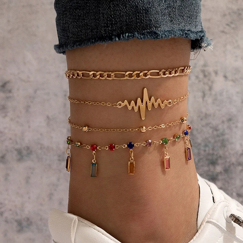 

New Trendy Fashion Jewelry Set Luxury Simple Colorful Crystal Tassel Anklets Women Gold Wave Foot Chain Anklet Bracelets Sets