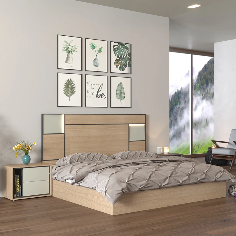 Competitive Price Mdf Wooden Bedroom Sets Furniture With High Headboard