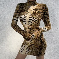 

SP1308G Tiger Print sexy high collar long sleeve finger women dress