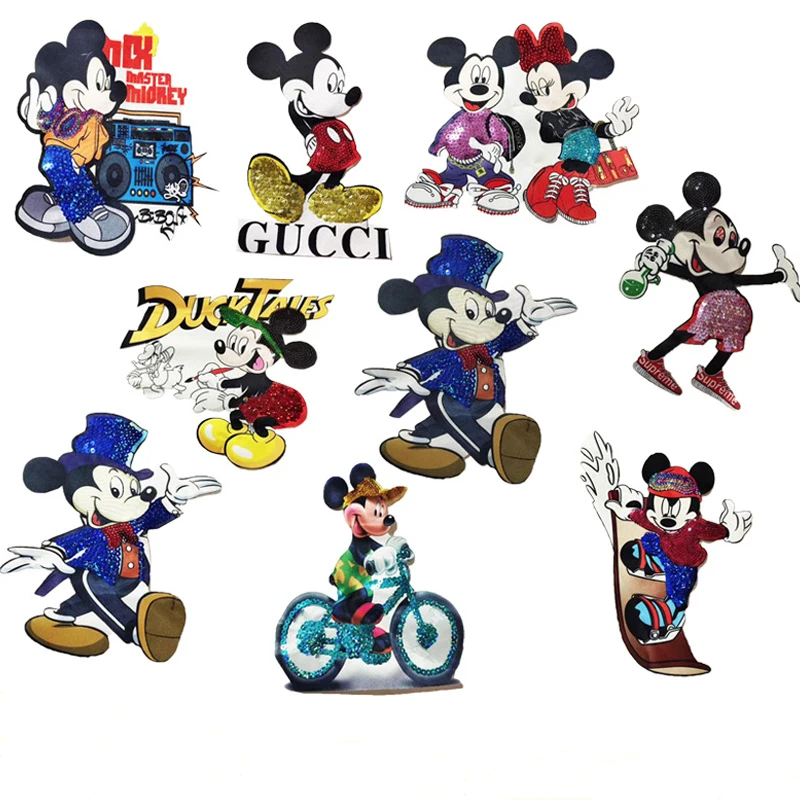 

Hot selling cute animals cartoon hot stamping Mickey Mouse Doll Sequin embroidery accessories patch can be customized