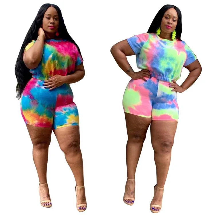 

2021 fashion arrivals plus size 3xl 4xl rainbow tie die tshirt + shorts two piece clothes outfit 2 piece clothing set