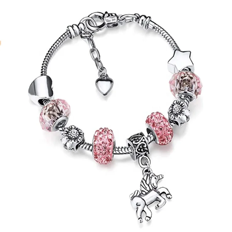 

2021 Amazon Hot Sale Girl Unicorn Pendant Snake Bone Big Hole Beads Kids Unicorn Charm Bracelet