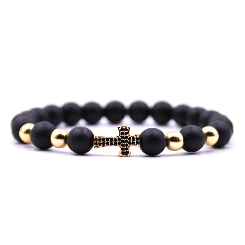 

Yoga Jewelry Natural Stone Beads Bracelet Matte Onyx Stone Beads Micro Zircon Cross Bracelet, Gold, silver, black, rose gold