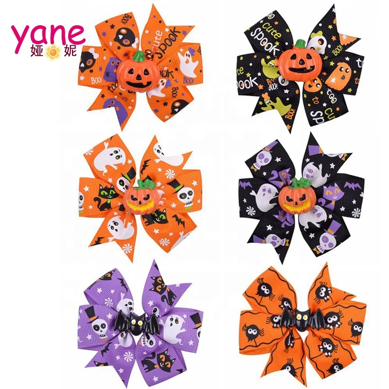 

Newest Hair Clips with Polyester Printing Bow and Pumpkin Decoration for Halloween hair bows