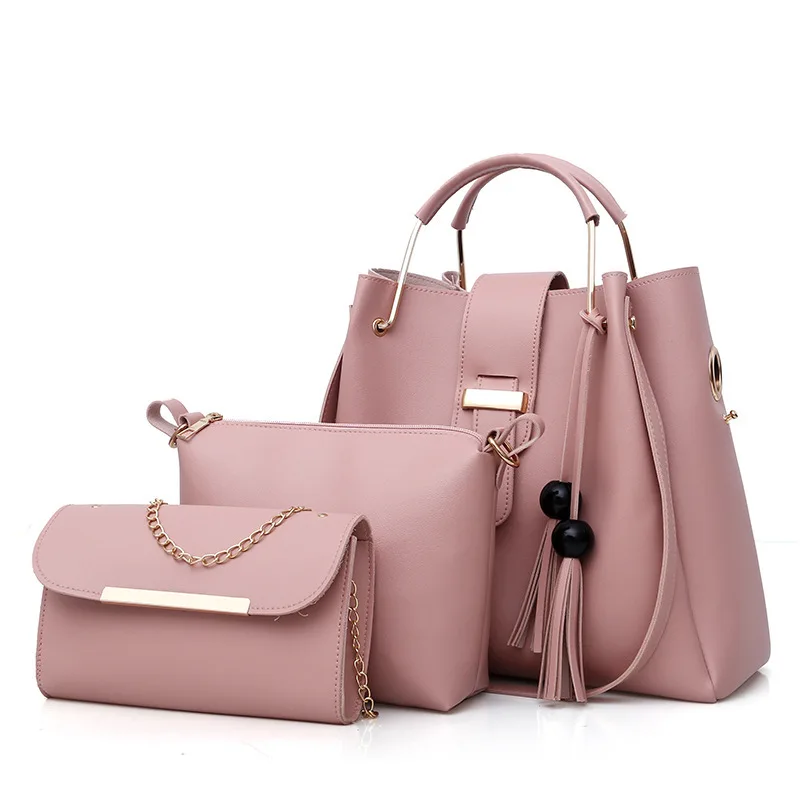 

RTS Elegant Ladies Tote Hand Bags pink diagonal girls sling bag pu leather women single shoulder bucket handbags 3 pcs in 1 set, Customized color