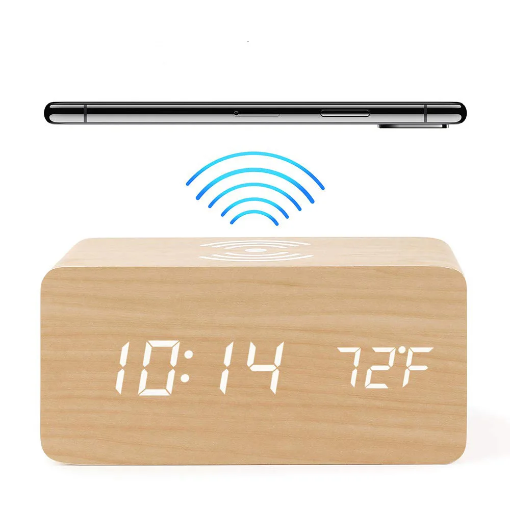 

Hot Selling Wooden Phone Wireless charging Calendar Time Temperature LED Display Digital Alarm Clock