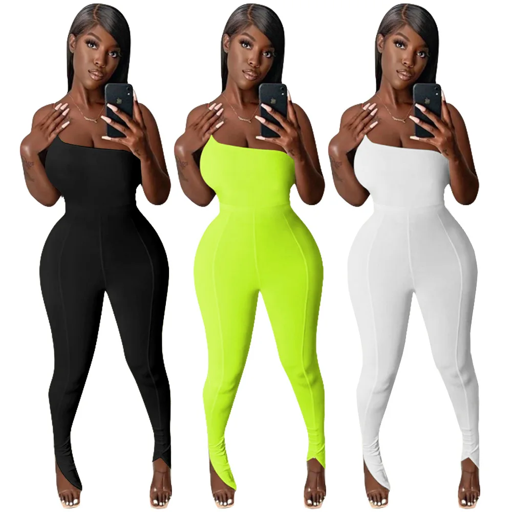 

2021 Jumpsuit Women Bodysuit Jumpsuit Color Contrast Split One Shoulder Strap Sexy Women Jumpsuits, Picture color