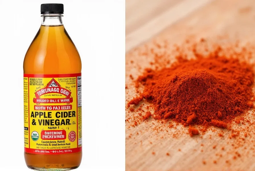 Glass of diluted apple cider vinegar and cayenne pepper mixture with lemon slice and measuring spoons