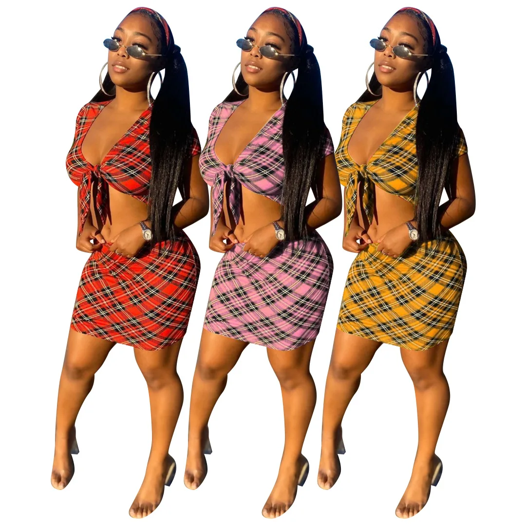 

Summer 2021 Dresses Hot Sale Slim Plaid Print Short Dresses Lace-Up Skirt Suit Bodycon Dress Women