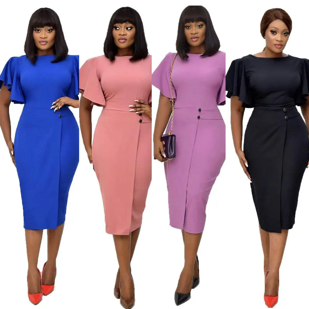 

20730-SW42 solid color flared sleeve elegant office dresses women sehe fashion, 4 colors