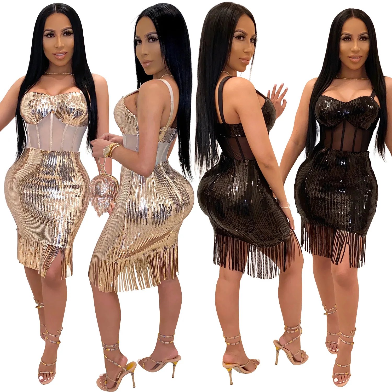 

Women Sequins Dress Tassels Sexy Mesh Sheer Deep v Neck Spaghetti Strap Party Club Dresses Birthday Sexy Bodycon Mini Dress