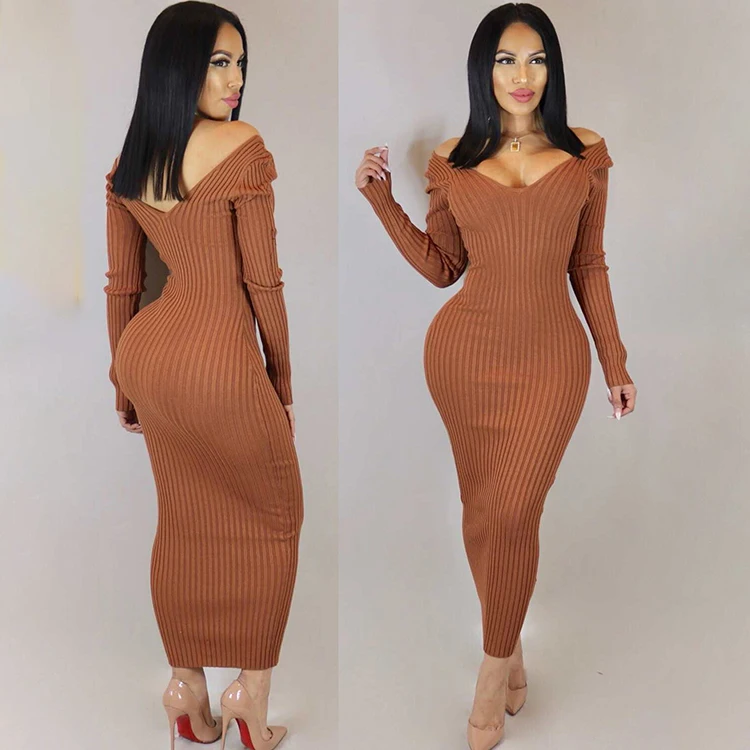 Autumn Solid Knitted Long Sleeve Backless Bodycon Midi Casual Maxi Dress