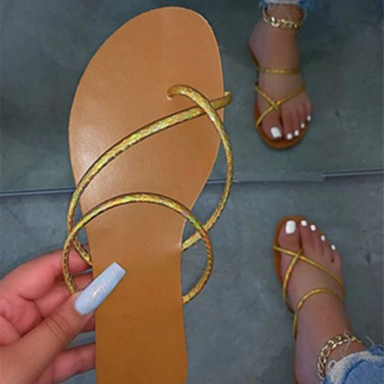 

Hot sale new summer shoes Fashion girl gold strappy flip flops summer women sandals 2021 fashion comfortable cheap