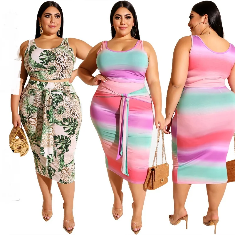 

O5133 - plus size fashion casual sleeveless printed top and skirt women two piece set clothing