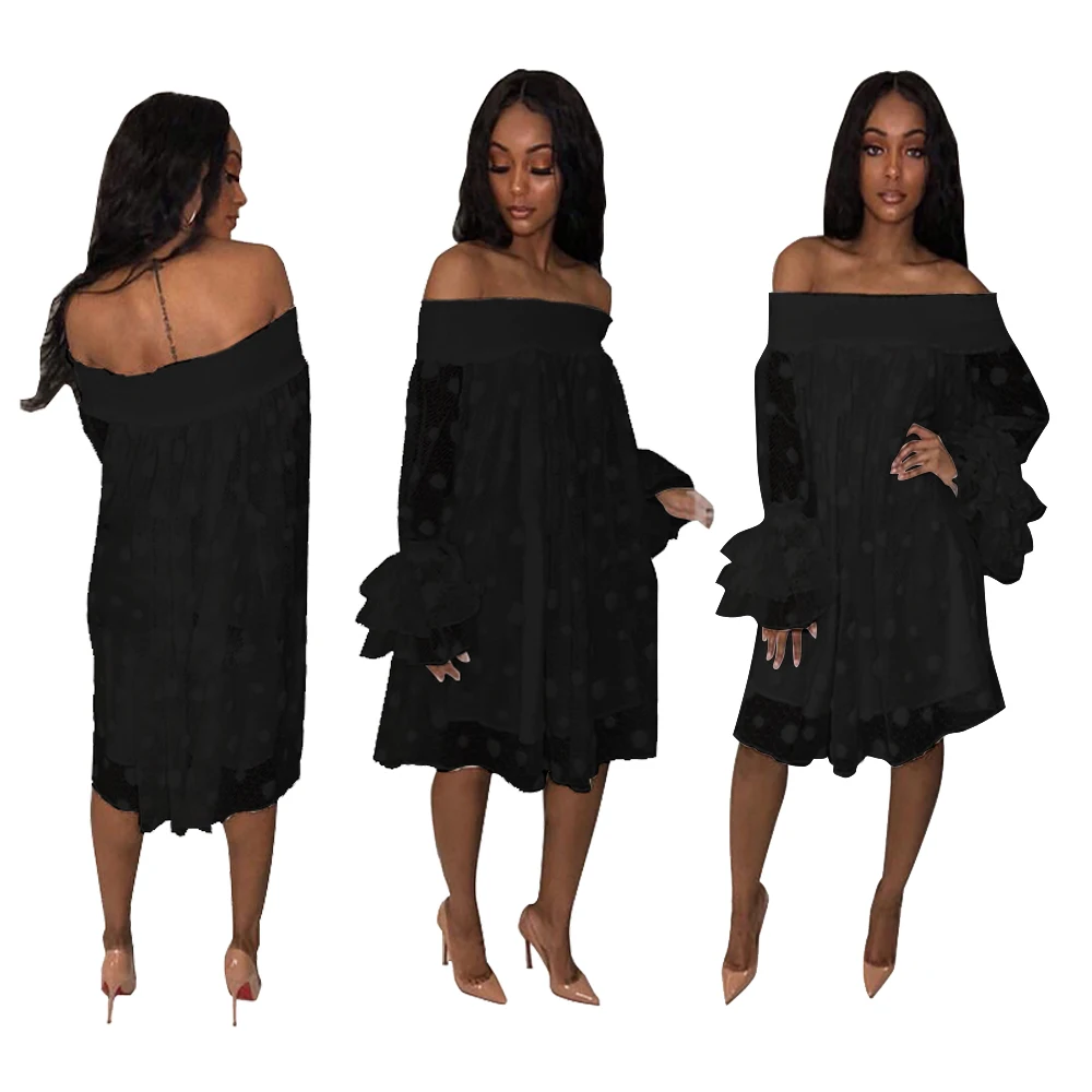

2022 Fashion Casual polka dot jacquard loose midi dress Women flat shoulder pineapple sleeve Dress