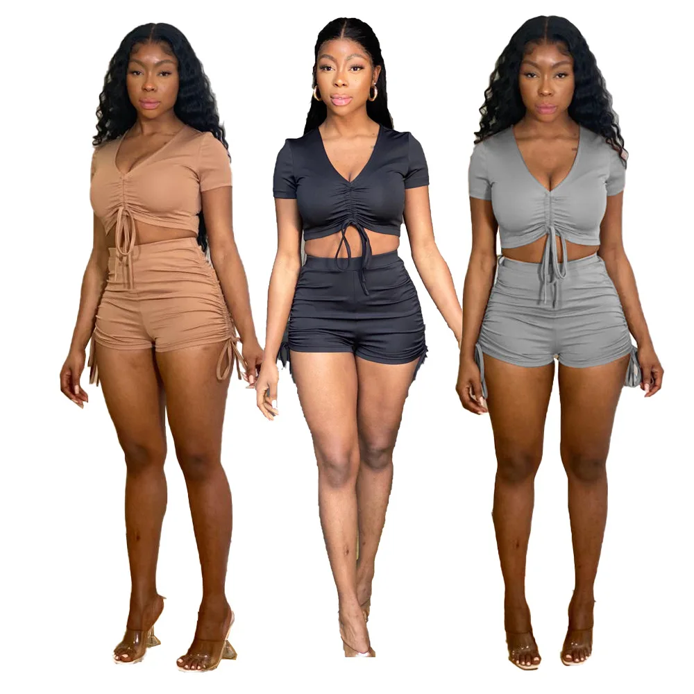 

Casual Ladies Tracksuit Stacked Crop Tops Shorts Summer Women Clothing Two Piece Set