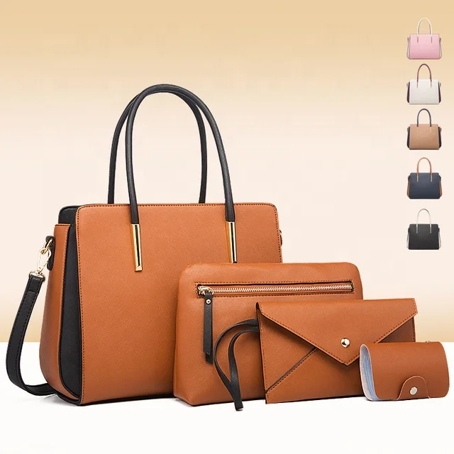 

2021 Wholesale 4 Piece Set Pu Leather Key Case Card Package Wallet Tote Bag Handbag, White, red, khaki, black, navy, pink, brown