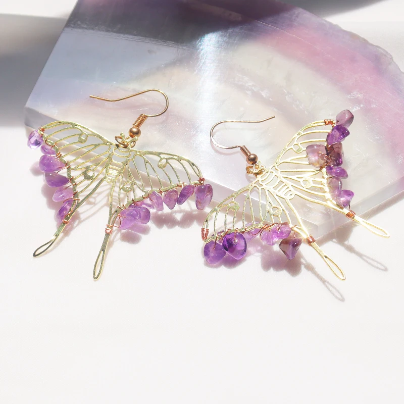 

Natural Amethyst crystal Earrings fashion custom gold designer luxury butterfly earrings s925 silver pin