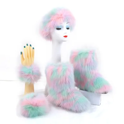 

Winter Women's Warm Fur Snow Boots Bag Headband Set Fluffy Faux Fur Plush Platform Boots Rainbow Cotton Shoes EU44
