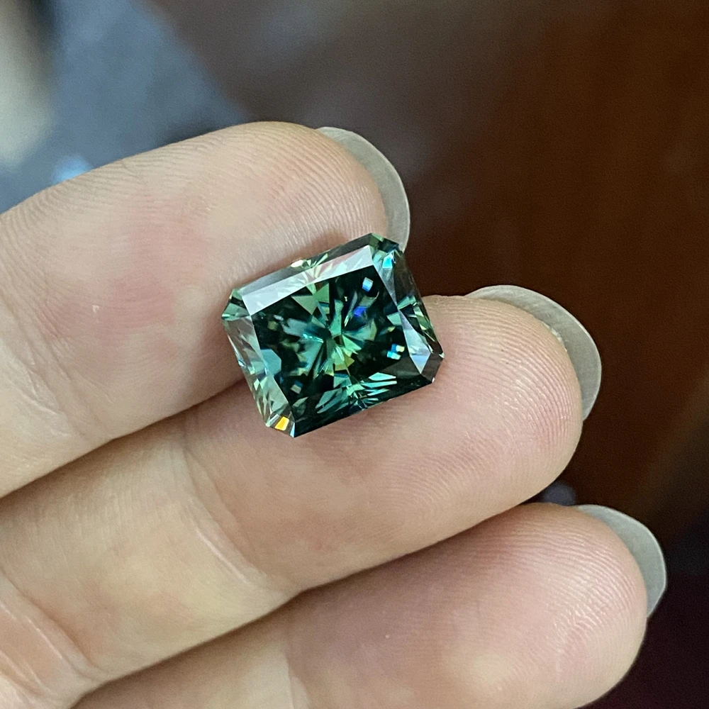 HQ GEMS Radiant Cut Green Moissanite 10x12mm 8 Carats Dark Green Loose Moissanite Diamond for Ring Set