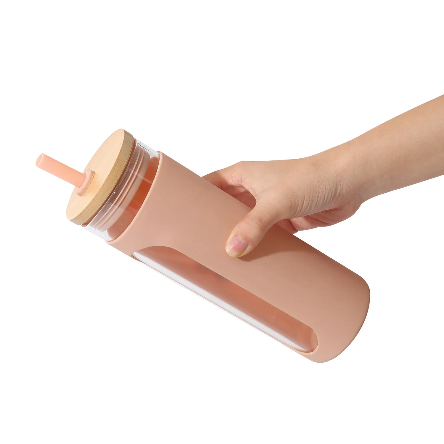 

Mikenda Portable silicone sleeve single glass outdoor large capacity juice glass water bottle with wooden lid