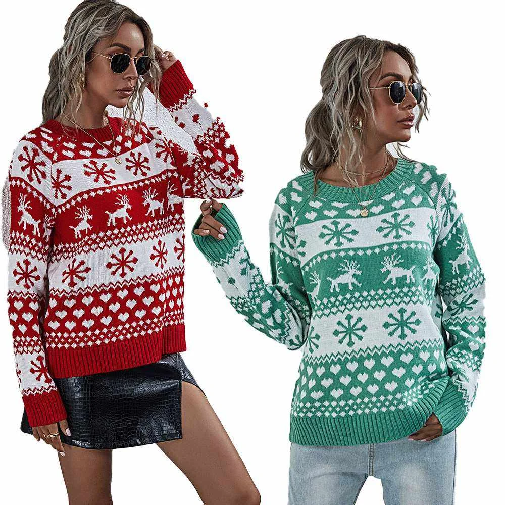 

LXY Christmas Sweater Women Autumn And Winter Round Neck Snowflake Pattern Top Pullover Knitted Sweater