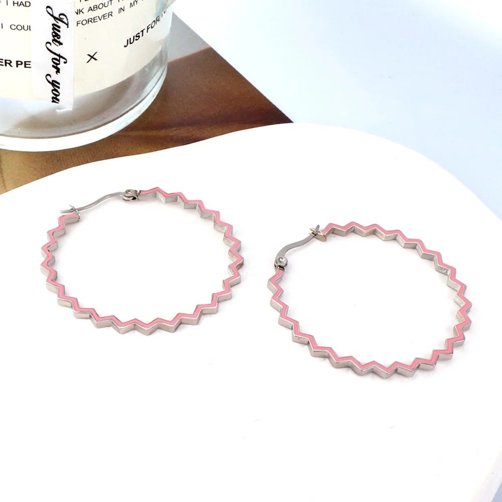 

New Design Multicolor Zigzag Round Ear Buckles Stainless Steel Hoop Earring Women Jewelry