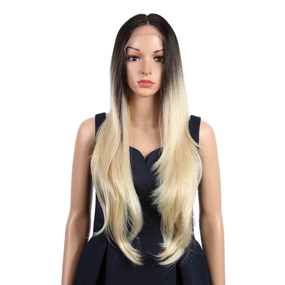 

Ombre Hair Color 32Inch Long Straight Hair Wig Middle Part Lace Wigs For Black Woman Synthetic Wig With Lace Front