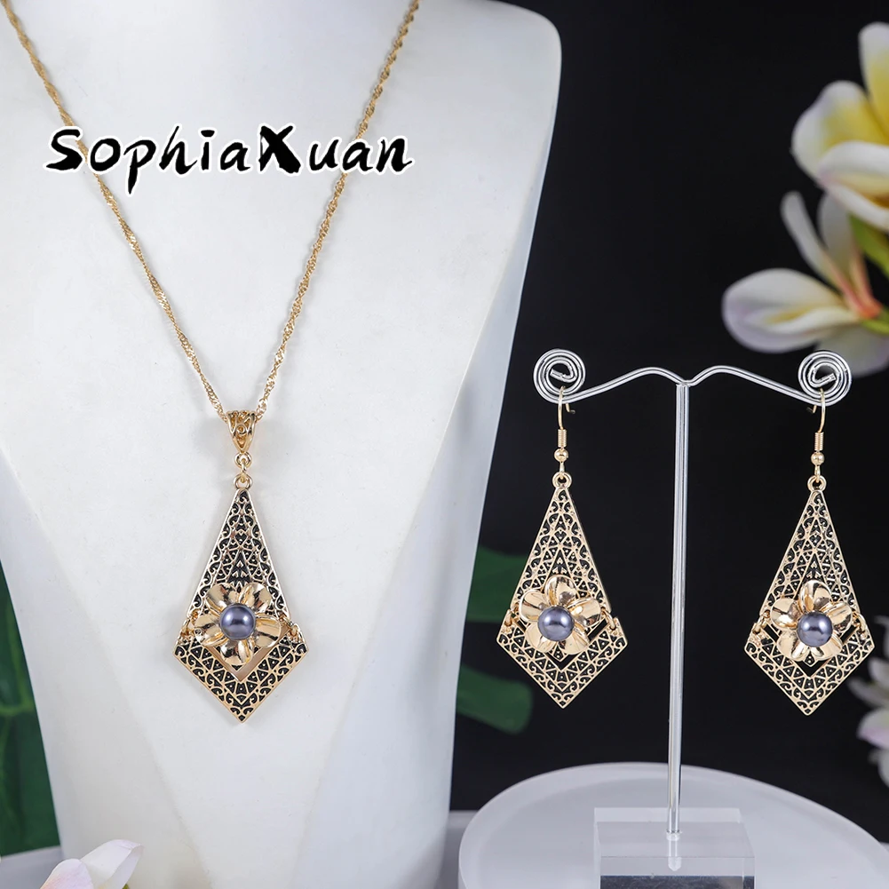 

SophiaXuan new samoan rhombus bauhinia flower pearl necklace set polynesian jewelry earrings set wholesale hawaiian, Picture shows