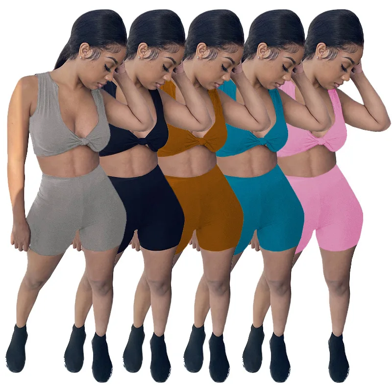 

Summer sports sexy yoga two piece sets women solid color v neck sleeveless sportswear two piece shorts set jogger short set