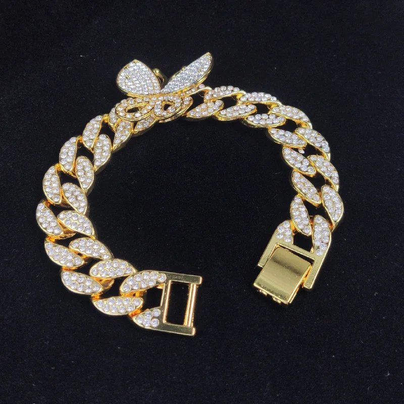 

European Personalized Hips Hops Gold Plating Butterfly Cuban Bracelet Full Bling Crystal Cuban Chain Butterfly Bracelet