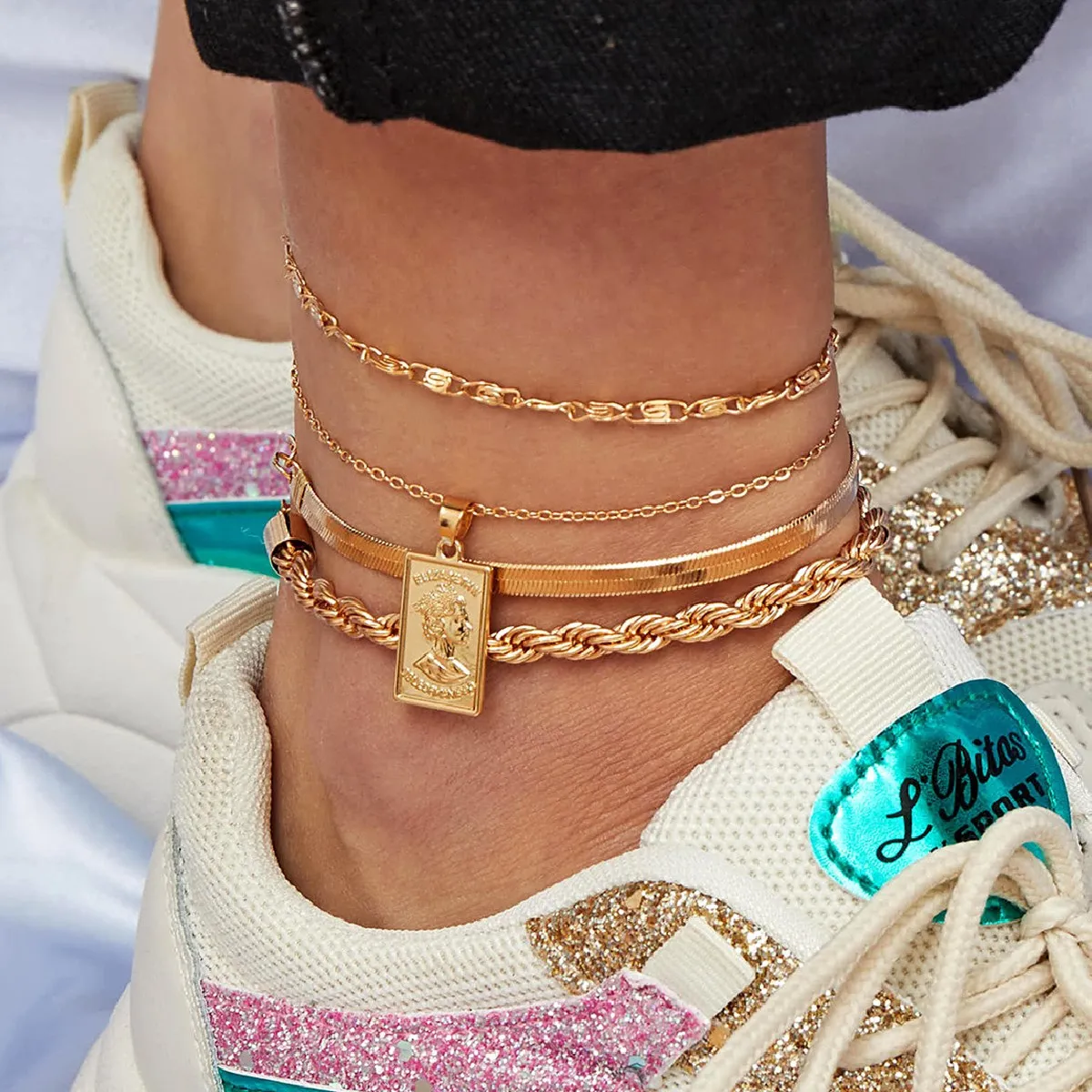 

2021 Summer Punk Multi Layers Snake Chain Anklet Ankle Bracelet Gold Plated Twist Link Chain Queen Anklet Foot Jewelry