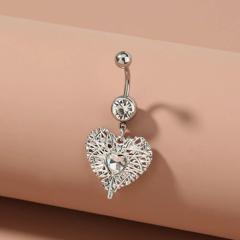 

HOVANCI Cute Heart Glass Rhinestone Navel Ring 5 Women Fashion Knitting Leaf Belly Ring, As picture
