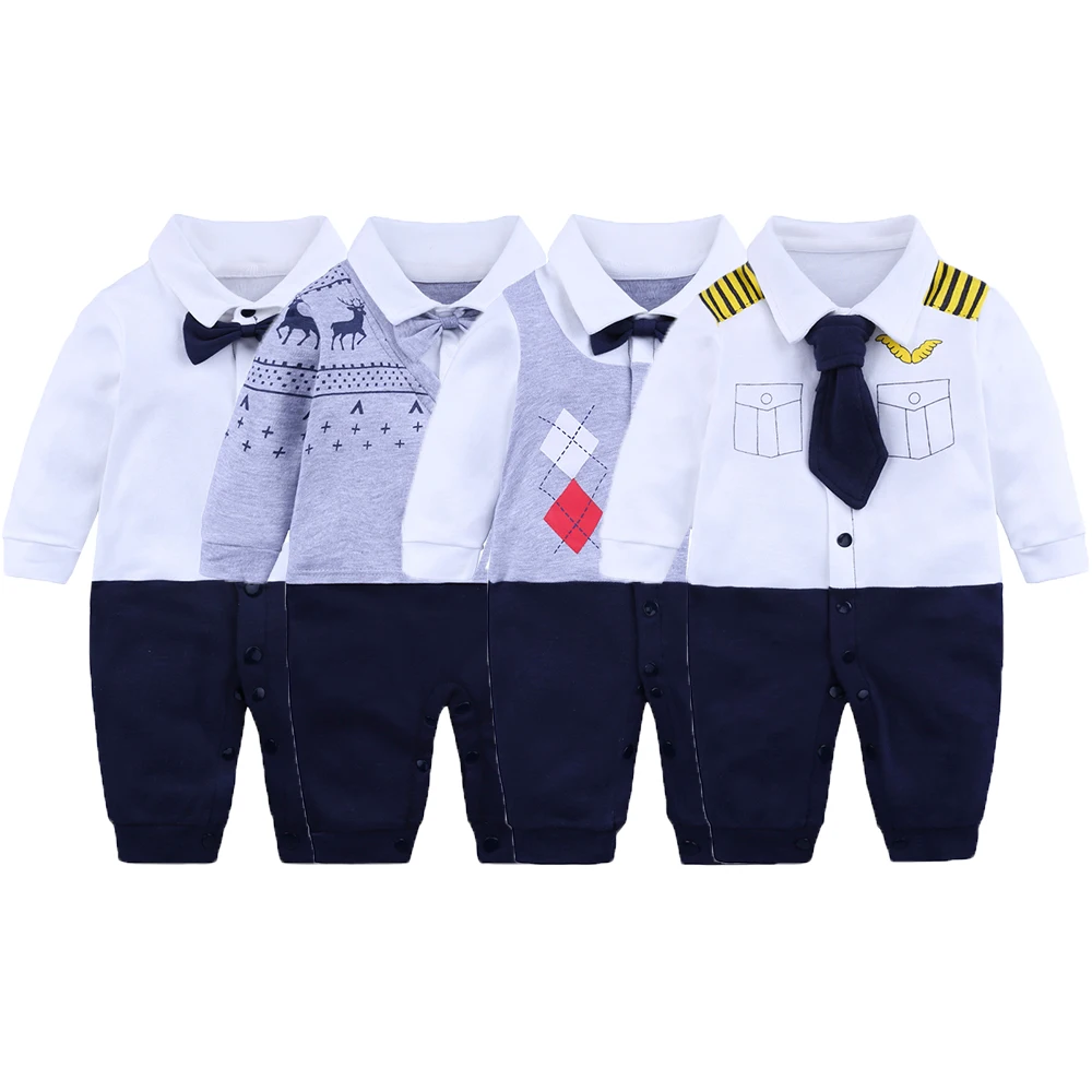 

Baby Clothes Korean Style Cotton Long Sleeve Tie Gentleman Newborn Baby Boys Rompers, As picture