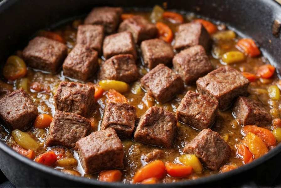 Close-up of perfectly seared chuck roast cubes browning in a cast iron Dutch oven with spices and vegetables