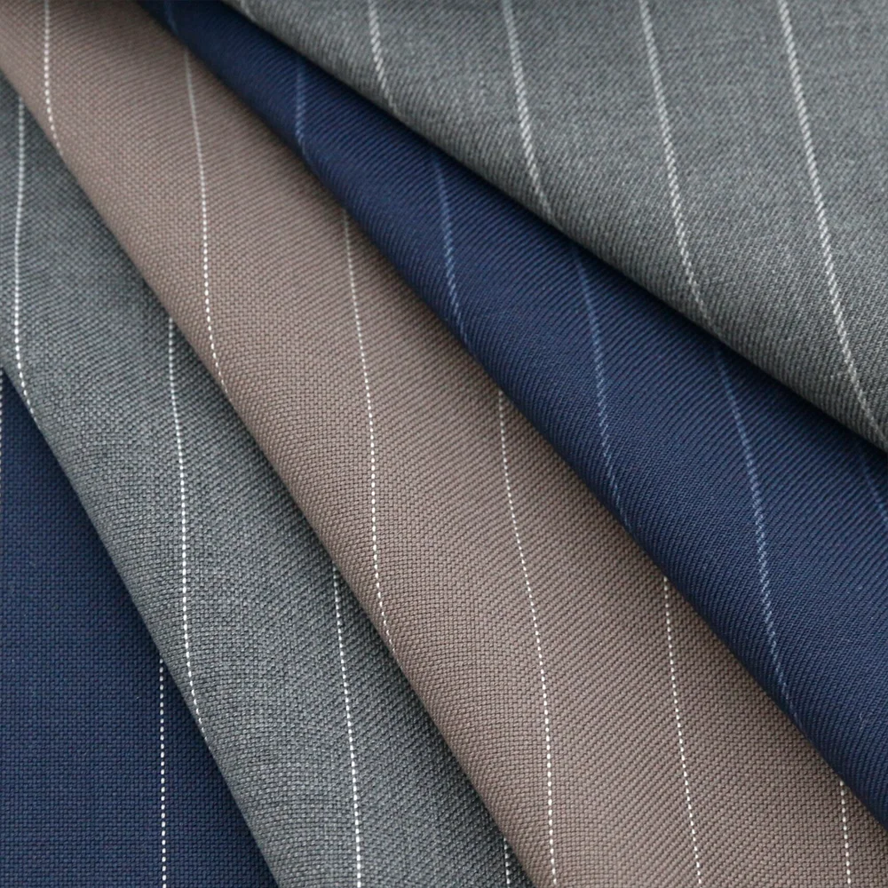 High-end RTS 50%W 50%P Blend Worsted Merino Wool/Polyester Fabric Wool Fabric for Men's Suit Stripe